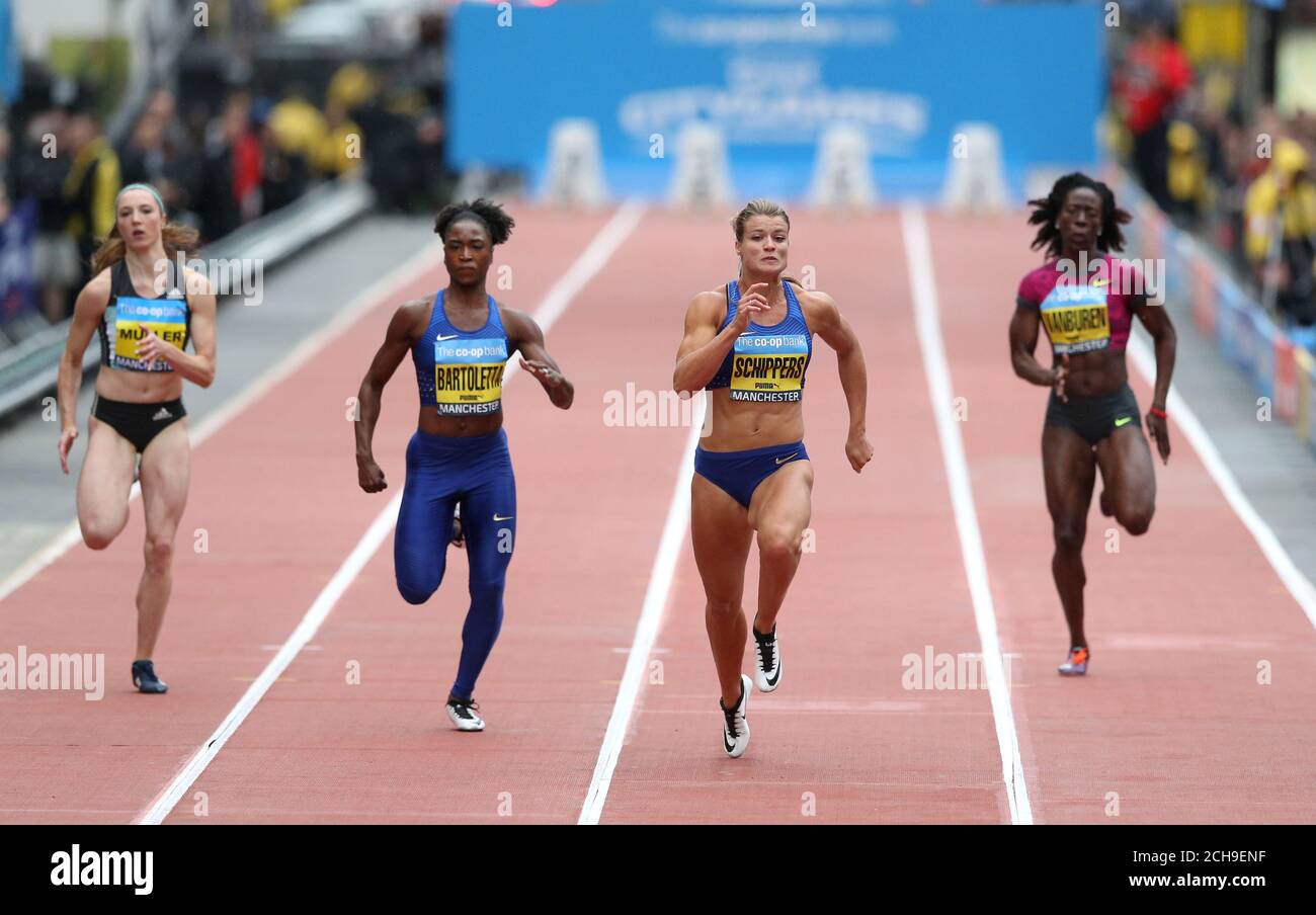 Dafne Schippers wins the Women's 100m sprint during the Co-op Bank Great City Games in Manchester. Stock Photo