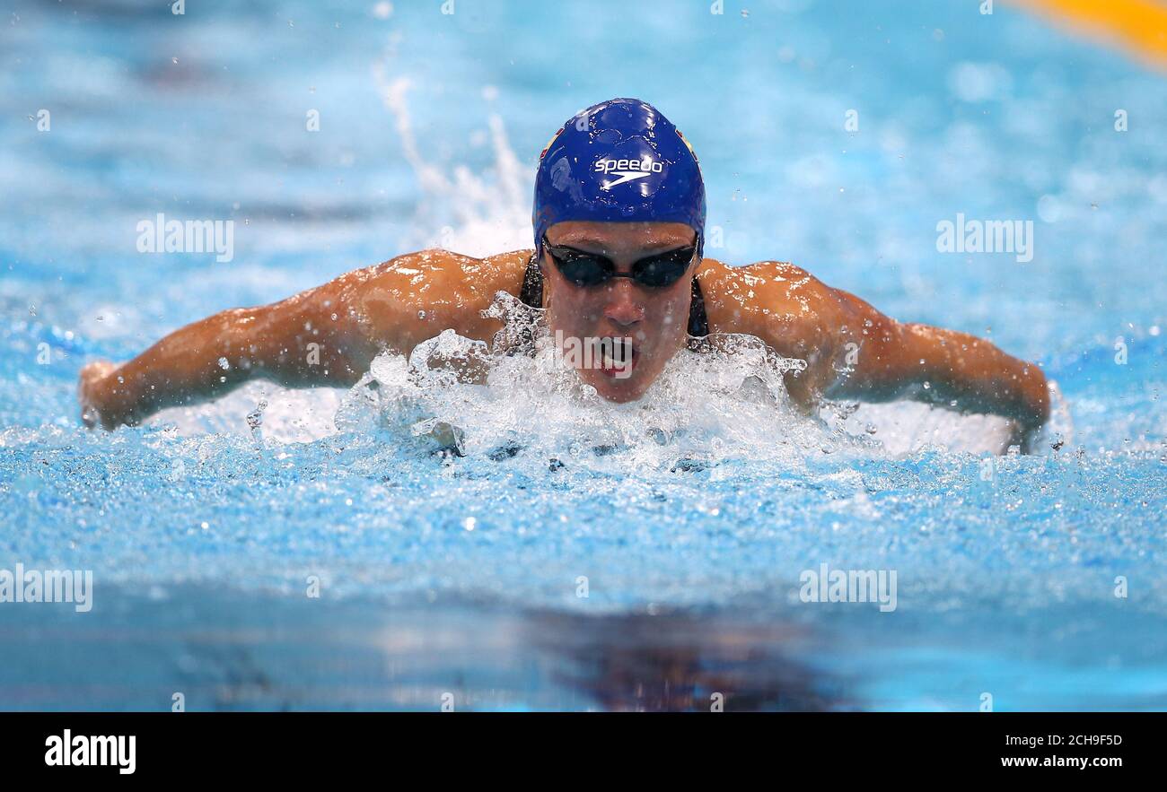 Spain's Mirela Belmonte Garcia during the women's 200m Butterfly preliminary Heat 2 during day thirteen of the European Aquatics Championships at the London Aquatics Centre, Stratford. Stock Photo