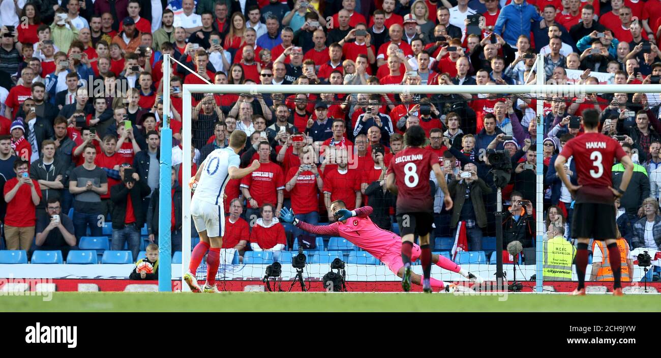England's Harry Kane hits the post with his penalty during the ...