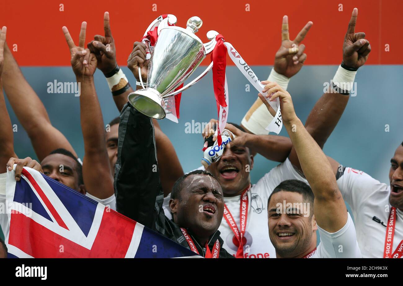 Fiji celebrate their victory in the HSBC World Rugby Sevens Series during day two of the HSBC Sevens World Series at Twickenham Stadium, London. Stock Photo