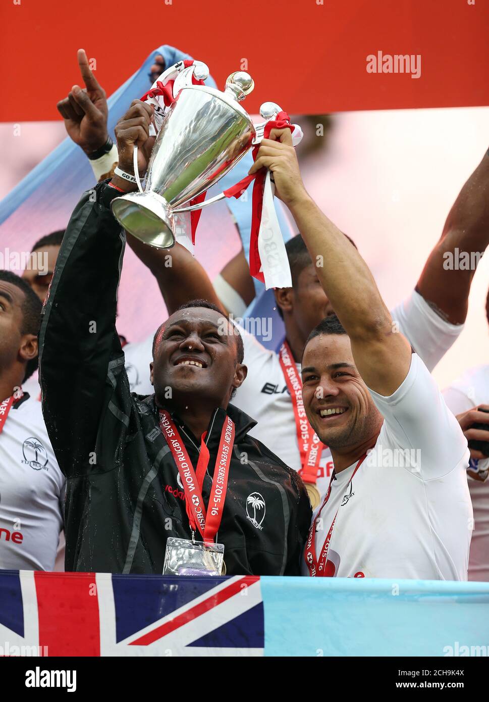 Fiji celebrate their victory in the HSBC World Rugby Sevens Series during day two of the HSBC Sevens World Series at Twickenham Stadium, London. Stock Photo
