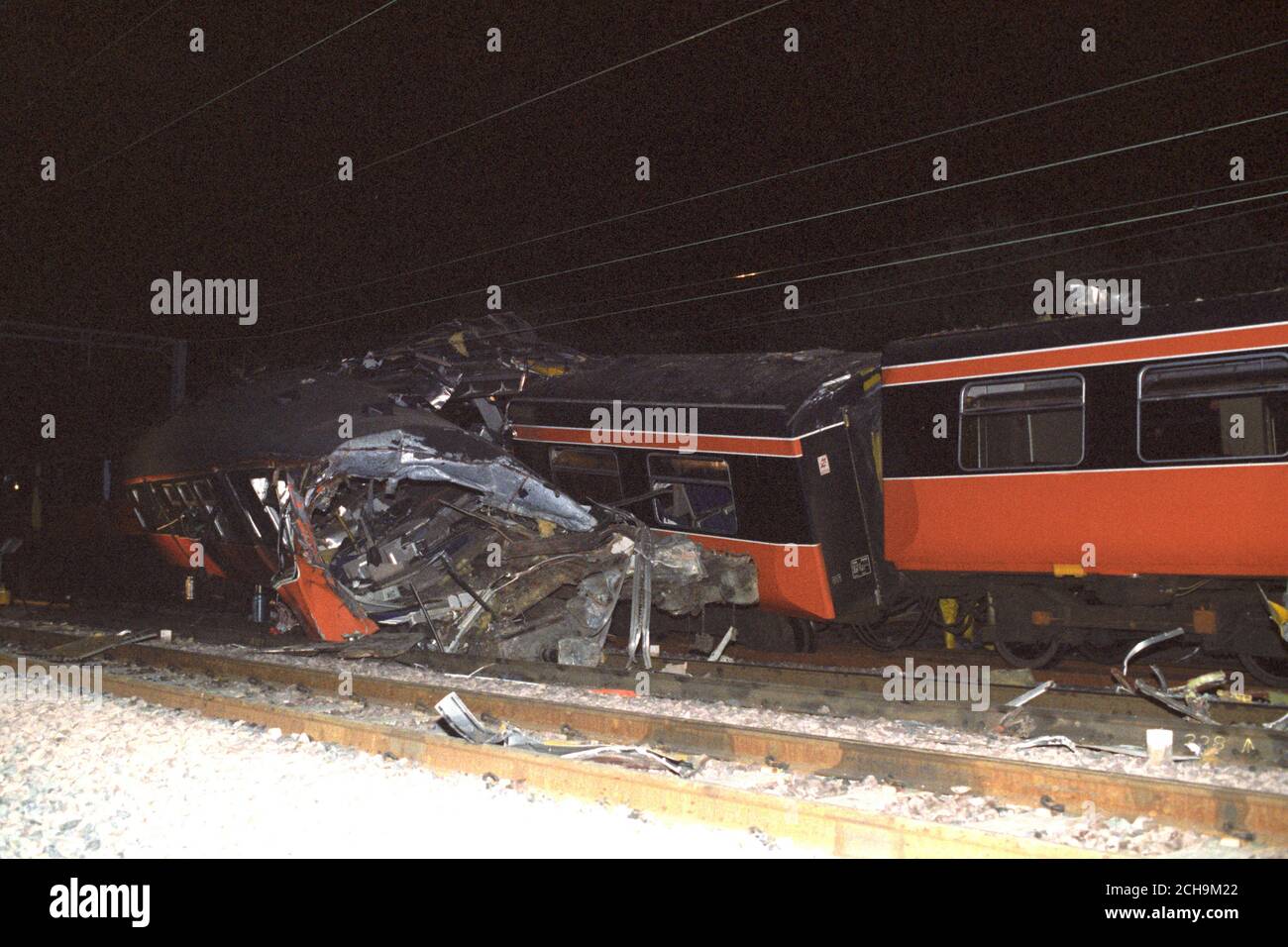 The scene of the head-on collision between two trains at Newton station near Glasgow. Four people died and 22 were injured. Stock Photo