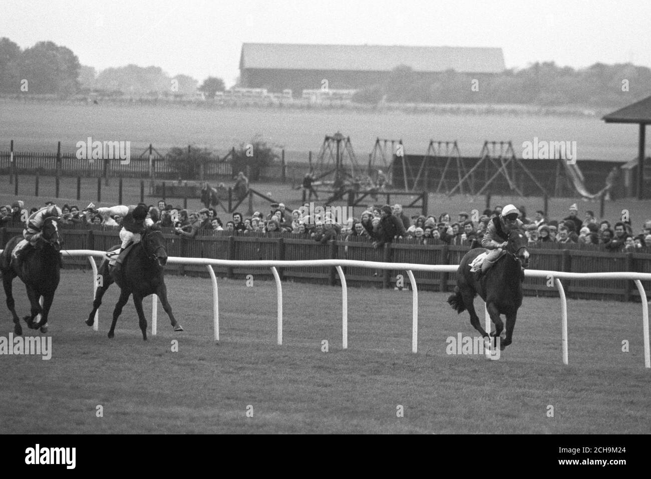 The finish of the Dubai Champion Stakes at Newmarket today, with the winner Time Charter, Bill Newnes up, clear of the second-placed Prima Voce (left), Bruce Raymond up, and Noalto (second left), Willie Carson up, who finished fourth. Third is not pictured. Stock Photo