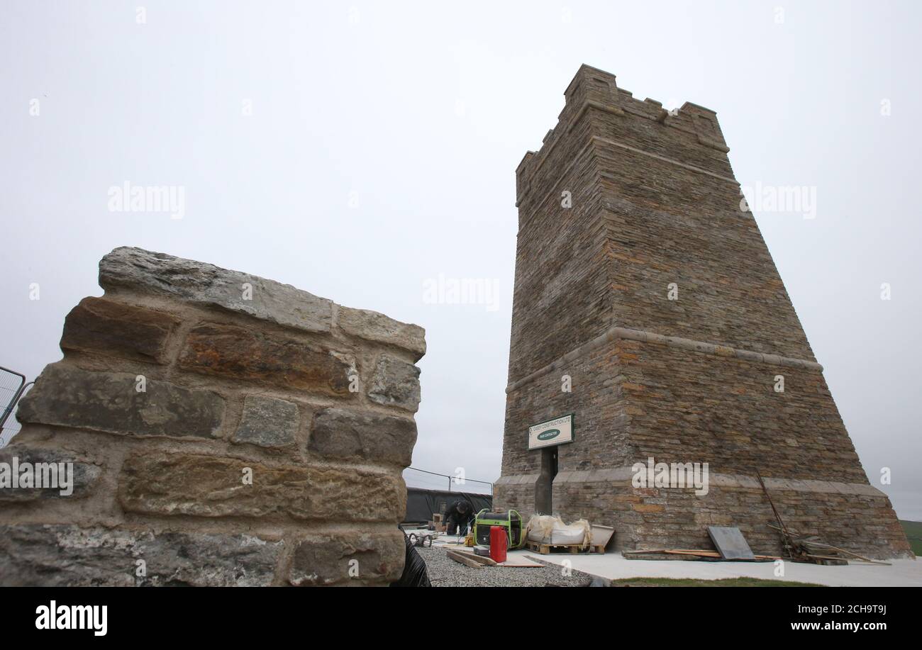 Final preparations are made to the newly restored  Kitchener Memorial at Marwick Head in Orkney where the tower built to honour the memory of Lord Kitchener stands. Stock Photo