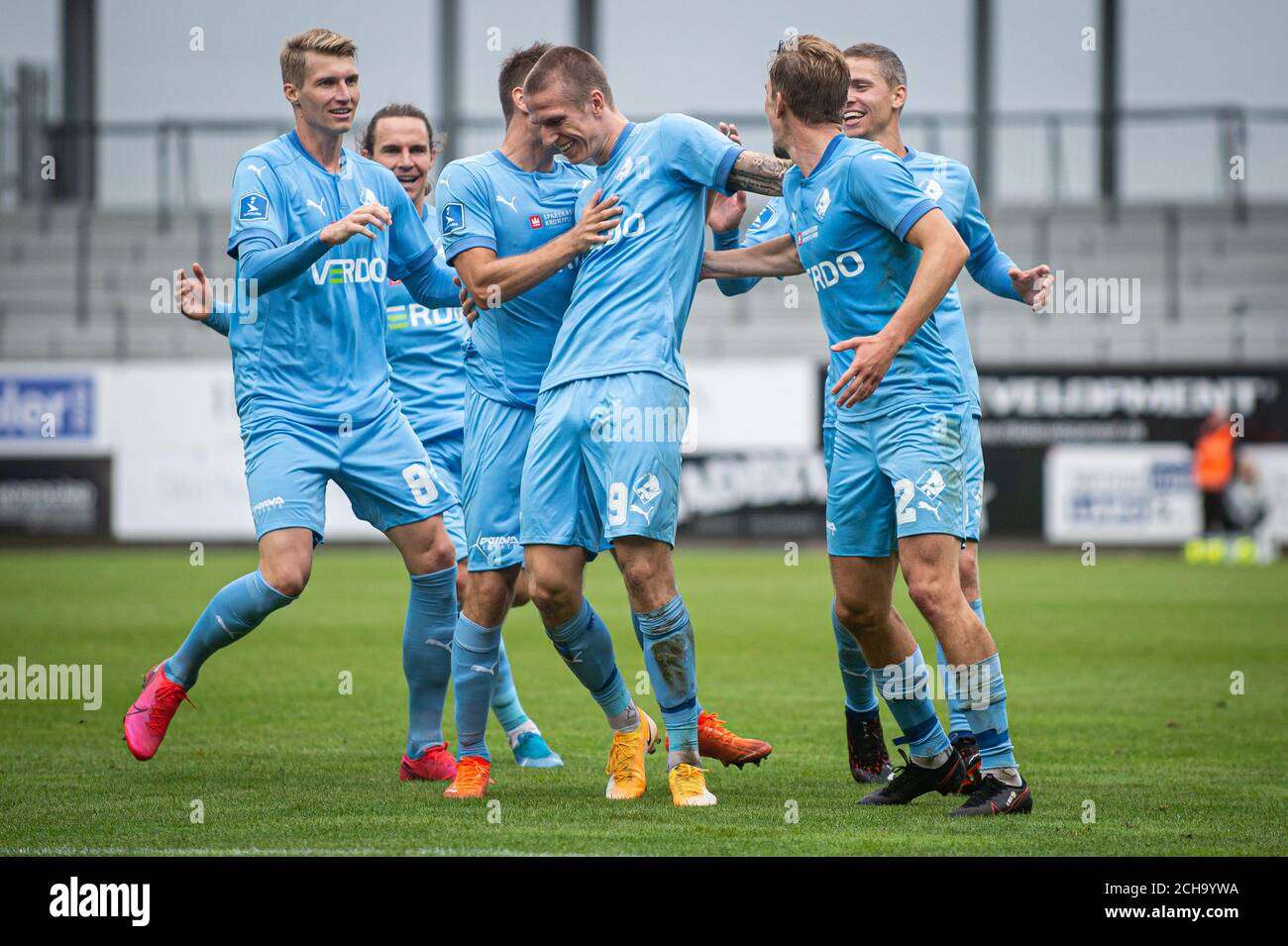 Horsens, Denmark. 13th Sep, 2020. Emil Riis Jakobsen (9) of Randers FC scores for 0-2 during the 3F Superliga match between AC Horsens and Randers FC at Casa Arena in (Photo