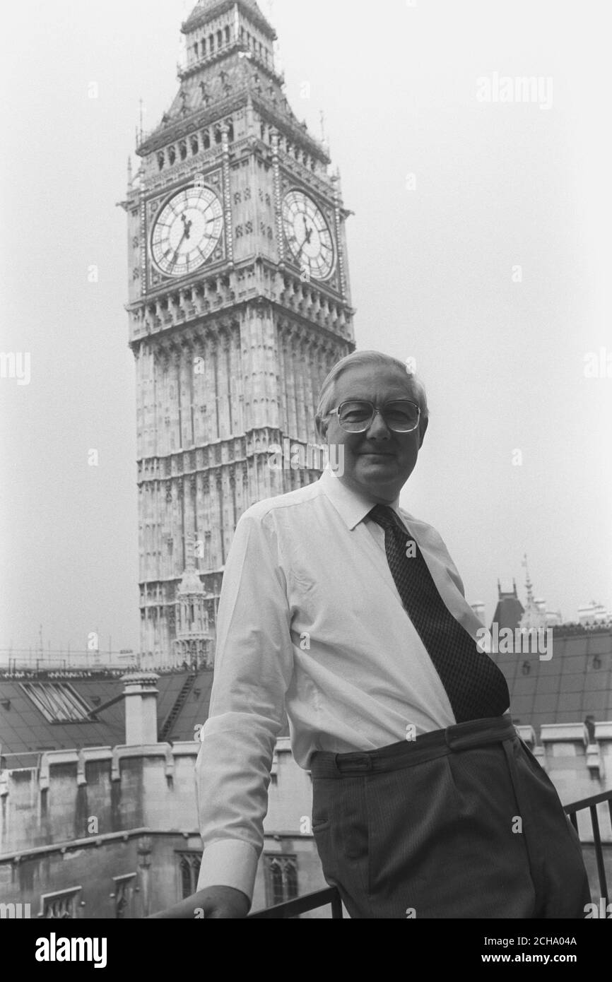 With Big Ben clock tower in the background, former Labour Prime Minister James Callaghan during his interview with the Press Association on the balcony outside his office at the House of Commons, Westminster, London. Stock Photo