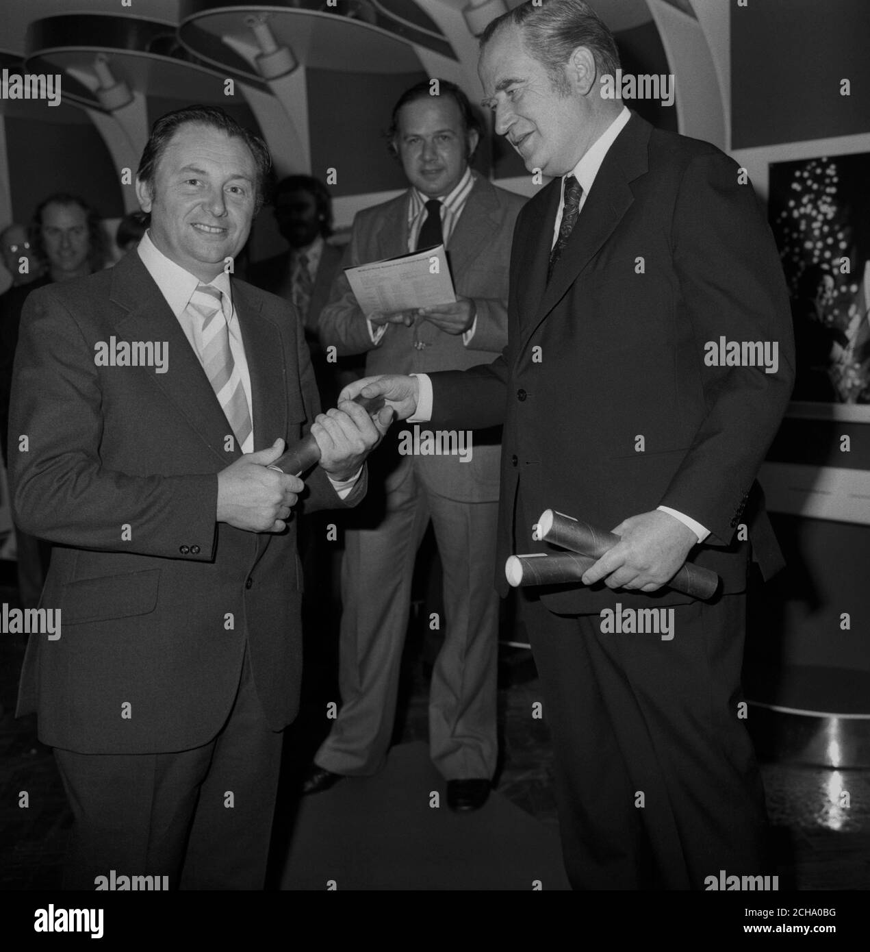 George Stephenson (l), commended in the news section, during the Midland Bank Press Pictures Awards. (Man on right unidentified) Stock Photo