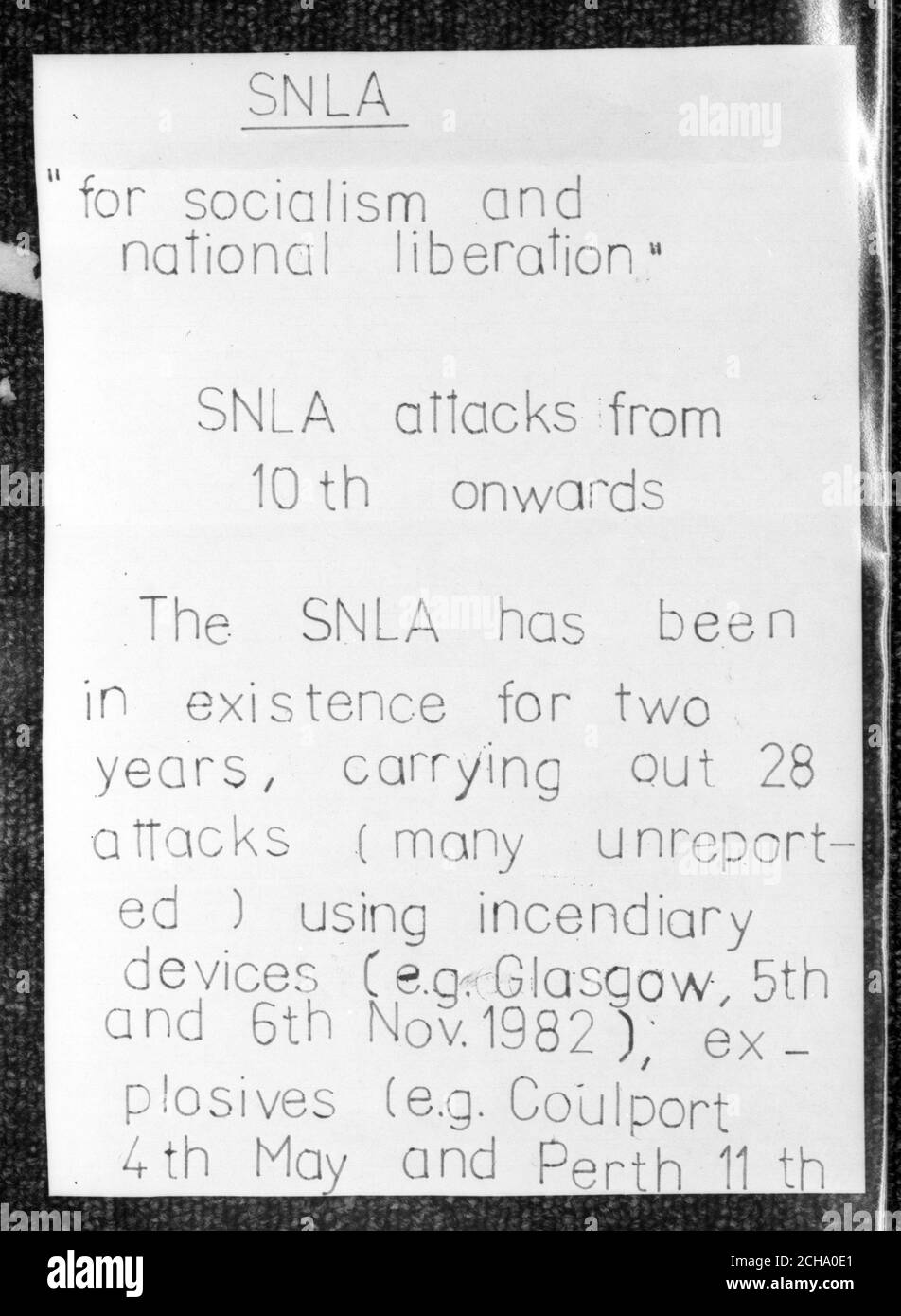 Part of the letter received by the Press Association from the Scottish National Liberation Army. Stock Photo