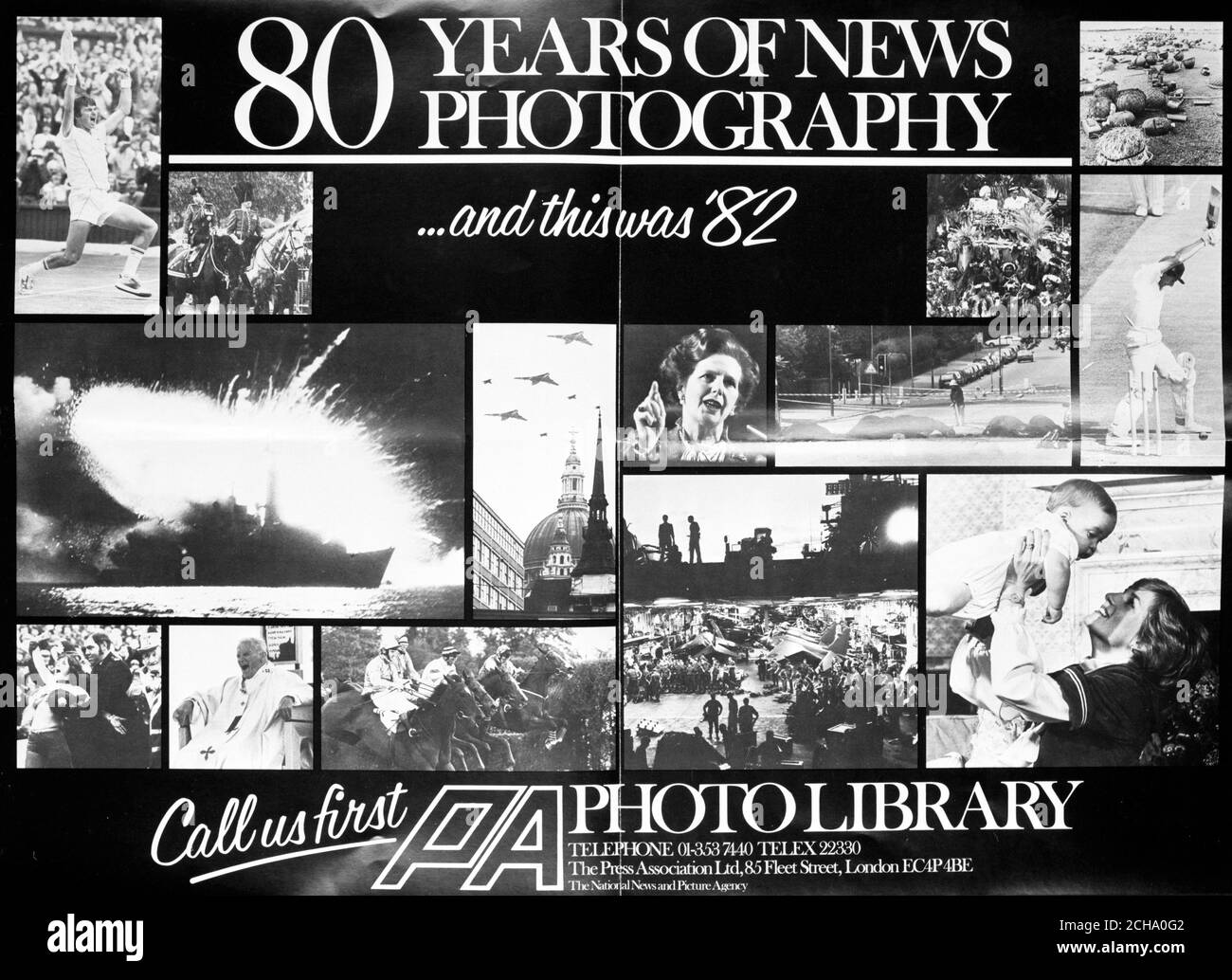 Press Association poster, featuring various historical images taken from 1982, celebrating 80 years of news photography. Stock Photo