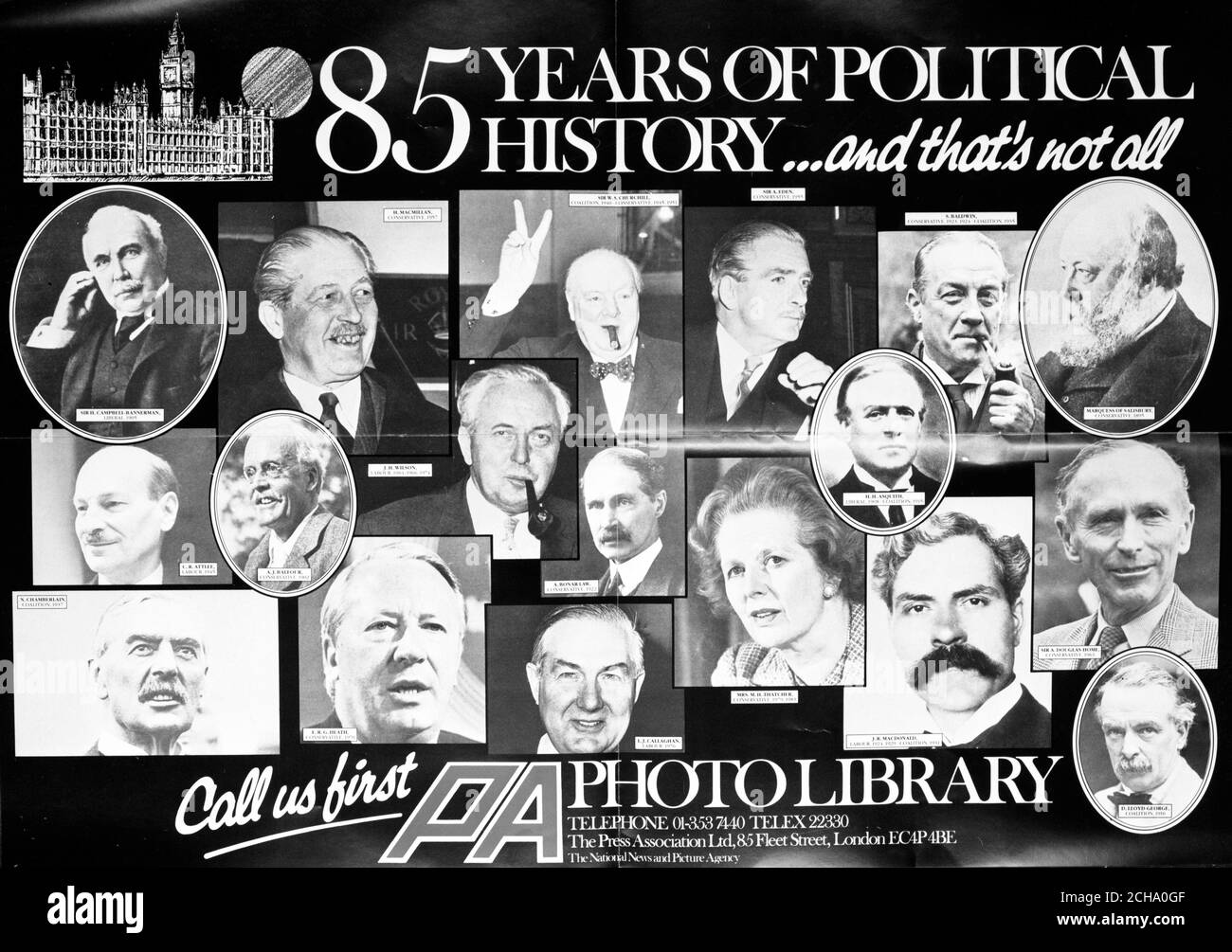 Press Association poster celebrating 85 years of political history within the PA Photo library. Stock Photo
