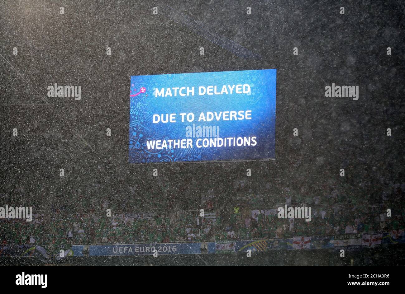 The big screen informs fans that the game has been suspended due to a