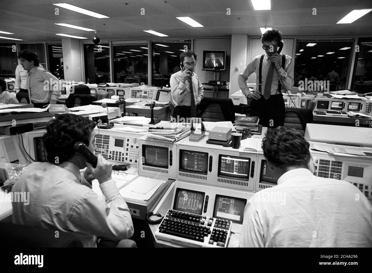Dealers in gilt-edged stock at Warburg Securities in London prepare to stay open for trading throughout the night as the election results come in. Stock Photo