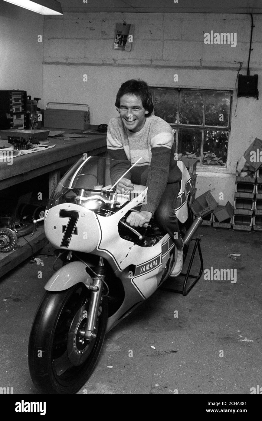 Motorcycle ace Barry Sheene, 32, on a bike at his home in Charlwood, Surrey, for the first time since his 175mph crash. Stock Photo