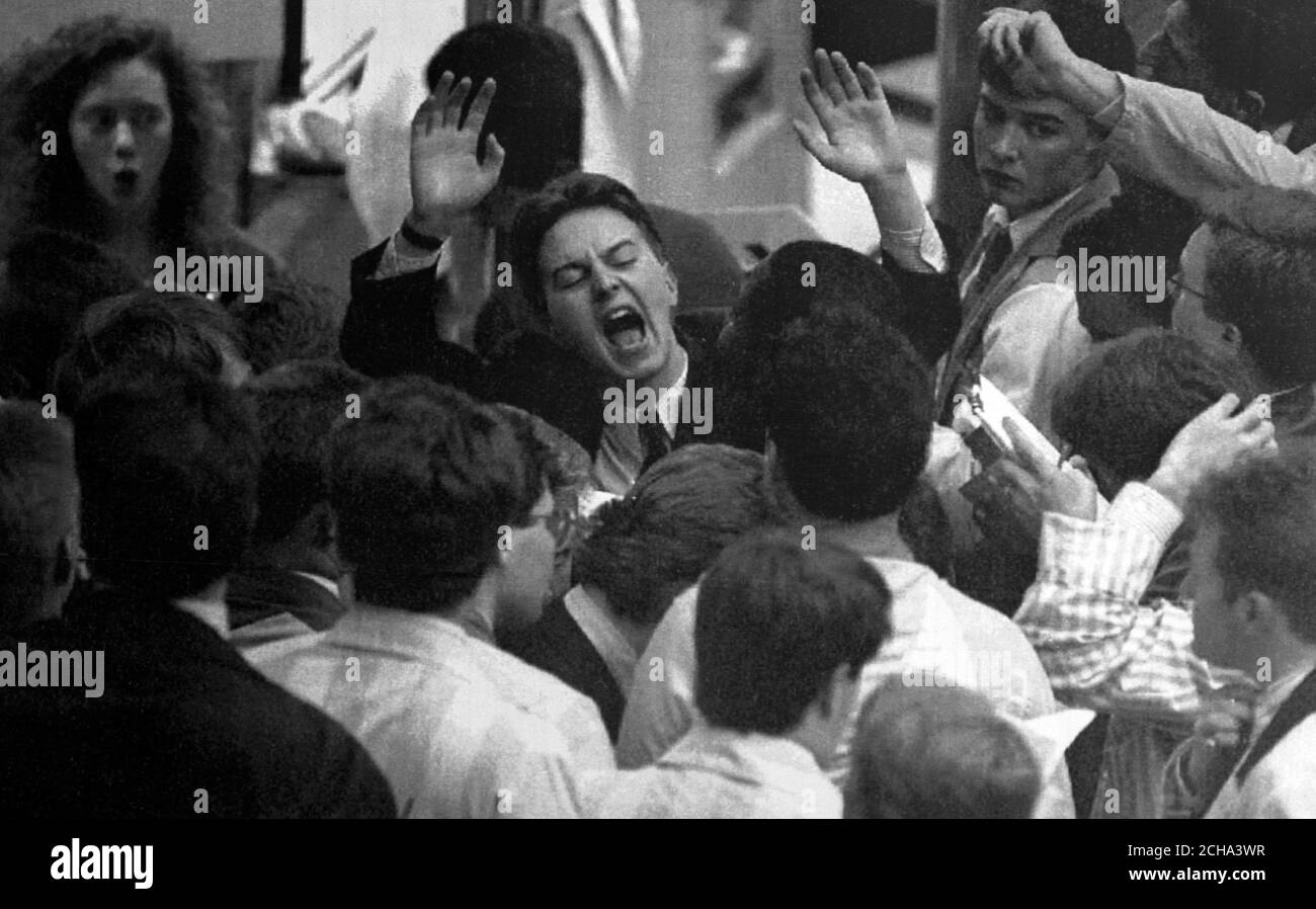 Frantic scenes on the floor of the London Stock Exchange as £27 billion was wiped off the value of shares at the start of trading in the wake of the Friday 13th Wall Street crash. *UK provs only Stock Photo