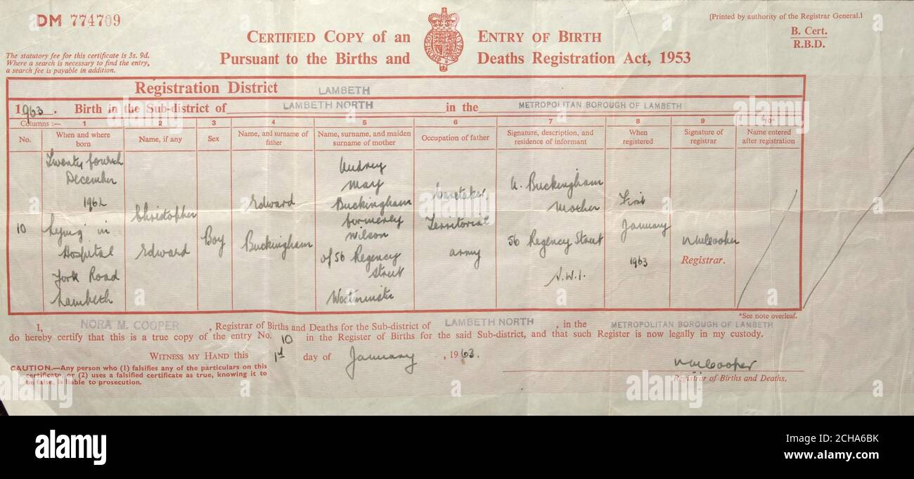 The birth certificate of nine-month-old baby Christopher Edward Buckingham, Tuesday November 8, 2005 who died in 1963 but a bogus aristocrat used the dead baby's name for 23 years and has refused to reveal his true identity even to his own ex-wife and children may be hiding 'a dark secret', a detective. Today he was sentenced to 21 months in jail at Canterbury Crown Court by Judge Adele Williams, who criticised him for his 'lack of remorse' and 'active obstruction' of the authorities. See PA story COURTS Baby. PRESS ASSOCIATION Photo. Photo credit should read: PA Stock Photo
