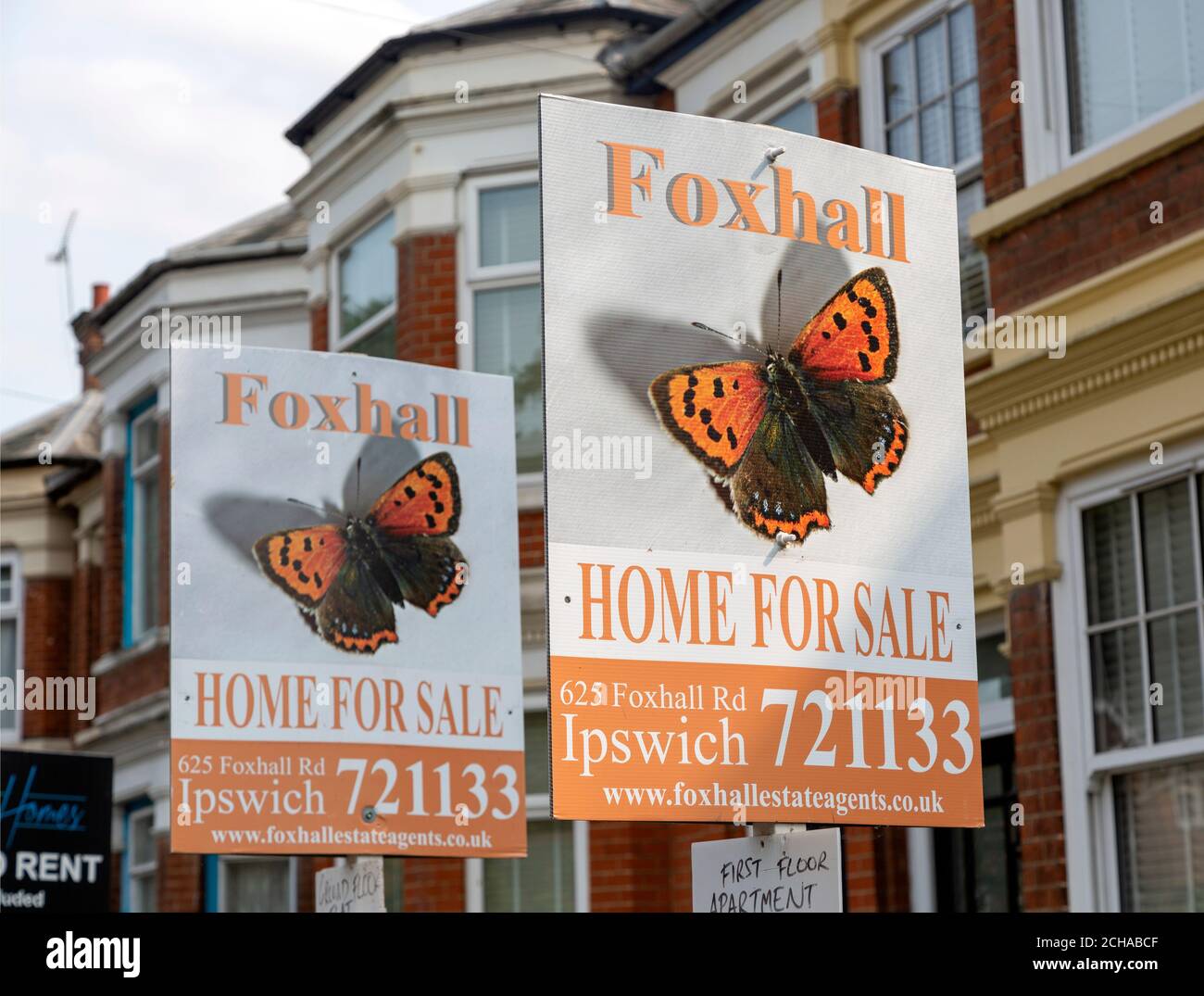 Estate agent signs for apartment flats for sale, Spring Road, Ipswich, Suffolk, England, UK Stock Photo