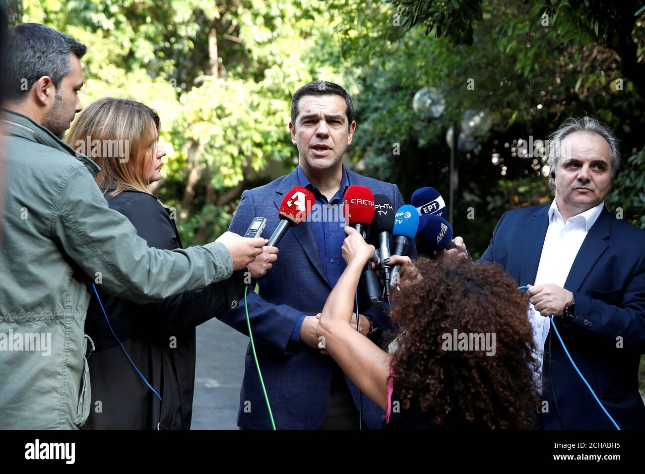 Greek Prime Minister Alexis Tsipras makes a media statement following the resignation of Foreing Minister Nikos Kotzias, Athens, Greece, October 17, 2018. REUTERS/Costas Baltas Stock Photo