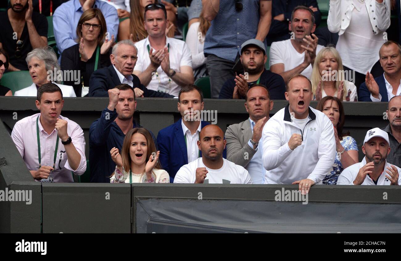 Kim Murray reacts in the players box, with members of Andy's coaching team  on day nine of the Wimbledon Championships at the All England Lawn Tennis  and Croquet Club, Wimbledon Stock Photo -