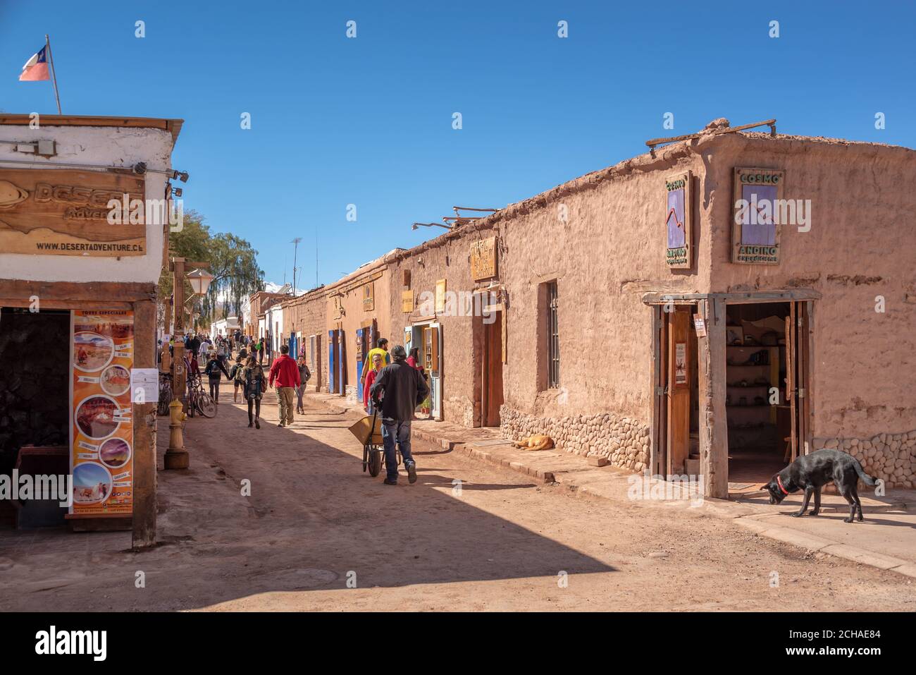 SAN PERDRO DE ATACAMA, CHILE - AUGUST 8: Tourists in Caracoles street, the main street of San Pedro, on August 8, 2018 in San Pedro de Atacama, Chile. Stock Photo