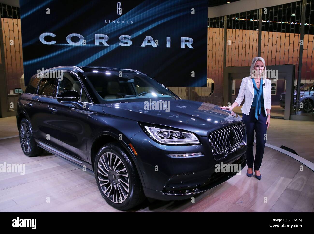 Joy Falotico, President of Lincoln Motor Company poses with the 2020 Lincoln Corsair at the 2019 New York International Auto Show in New York City, New York, U.S, April 17, 2019. REUTERS/Brendan McDermid Stock Photo