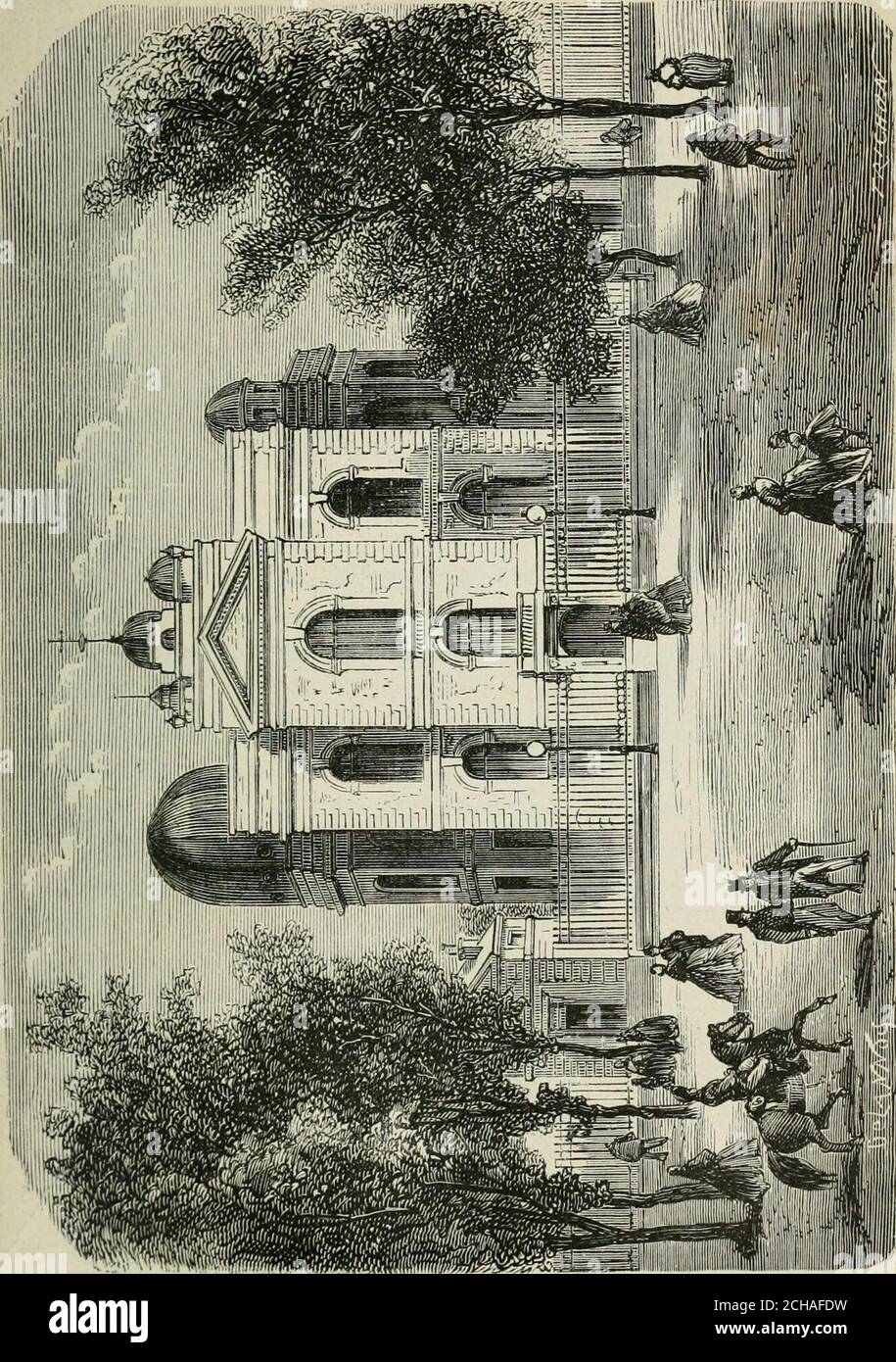 . Les merveilles du nouveau Paris-- . viande, etc. Avant 1789, on voyait, sur lemplacementdes halles, un pilori où avaient lieu les exécutions crimi-nelles. On appelle Halles centrales le vaste marché dont la con-struction a été commencée en 1851, et qui a été établi surlemplacement des anciens piliers des halles pour la venteen gros, demi-gros et détail des denrées alimentaires. LesHalles centrales ont la forme dun échiquier à douze com-partiments; chaque compartiment est formé dun pavillonà jour, supporté par de hautes colonnes en fer fondu. Lahauteur des pavillons est de 25 mètres. La toitu Stock Photo