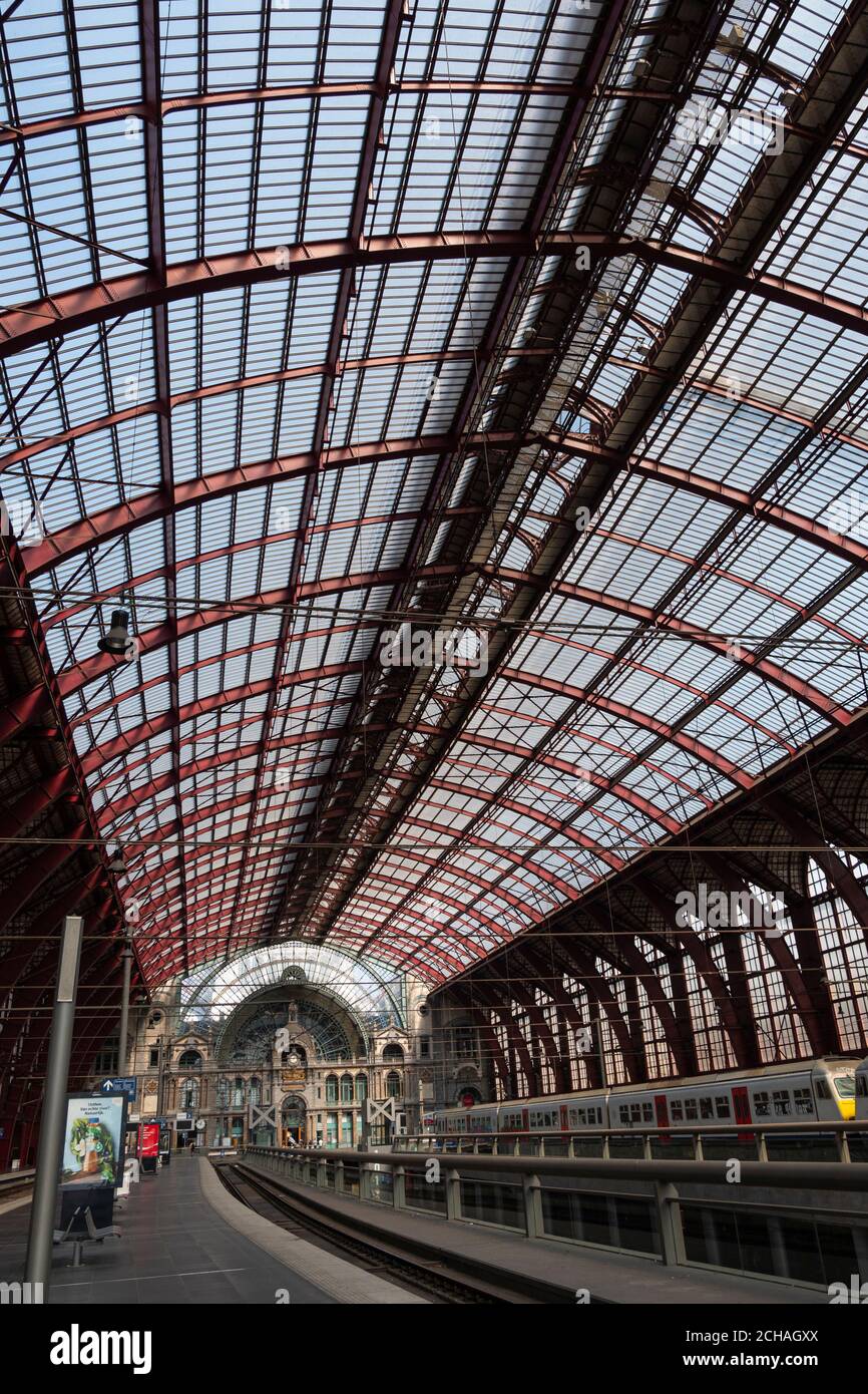 Antwerp, Belgium, 16 August 2020, vertical photo of the train station and platform Antwerp central Stock Photo