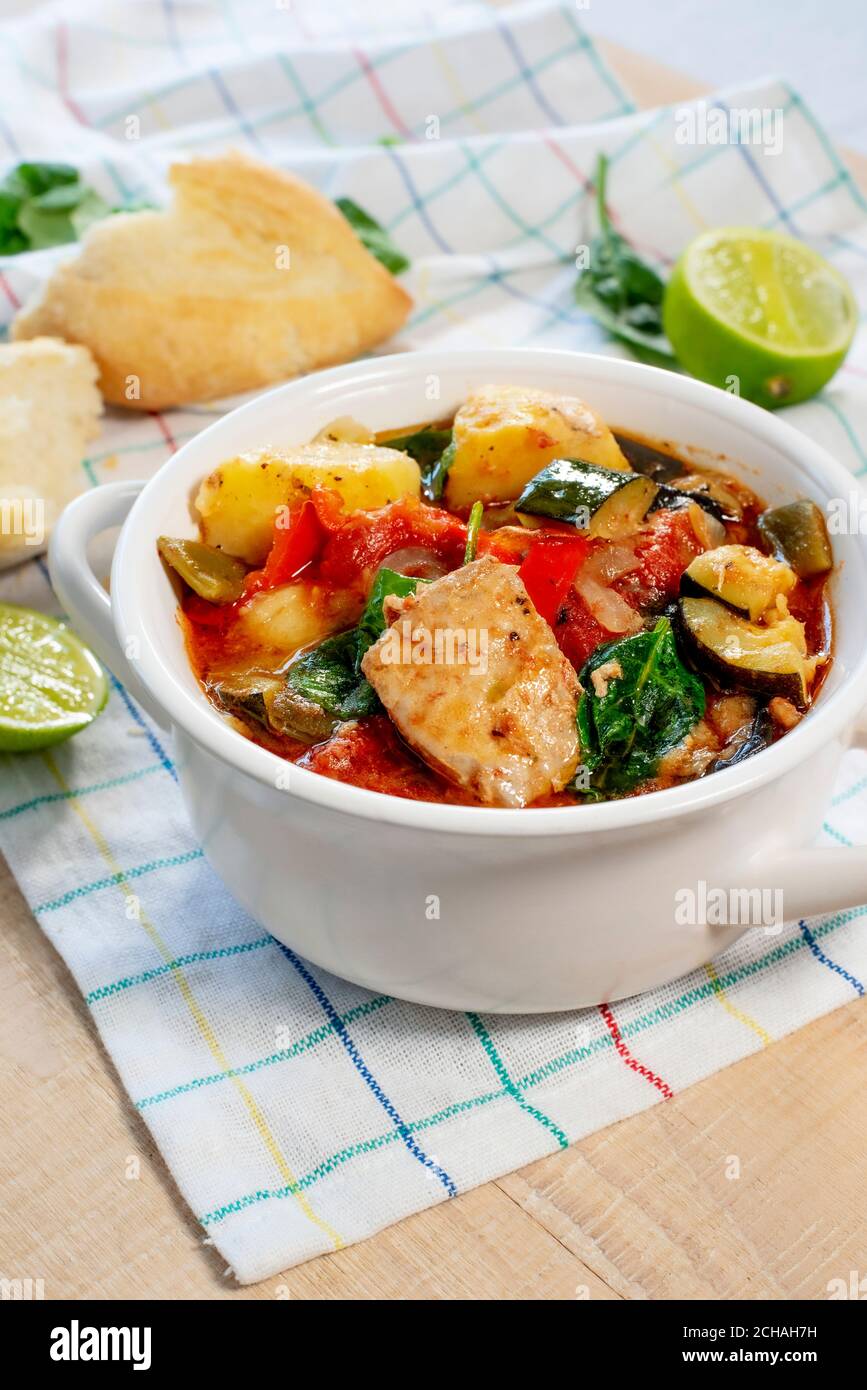 Giambotta in Italy / Marmitako in Spain (Tuna fish soup with potatoes, peppers and tomatoes) Stock Photo