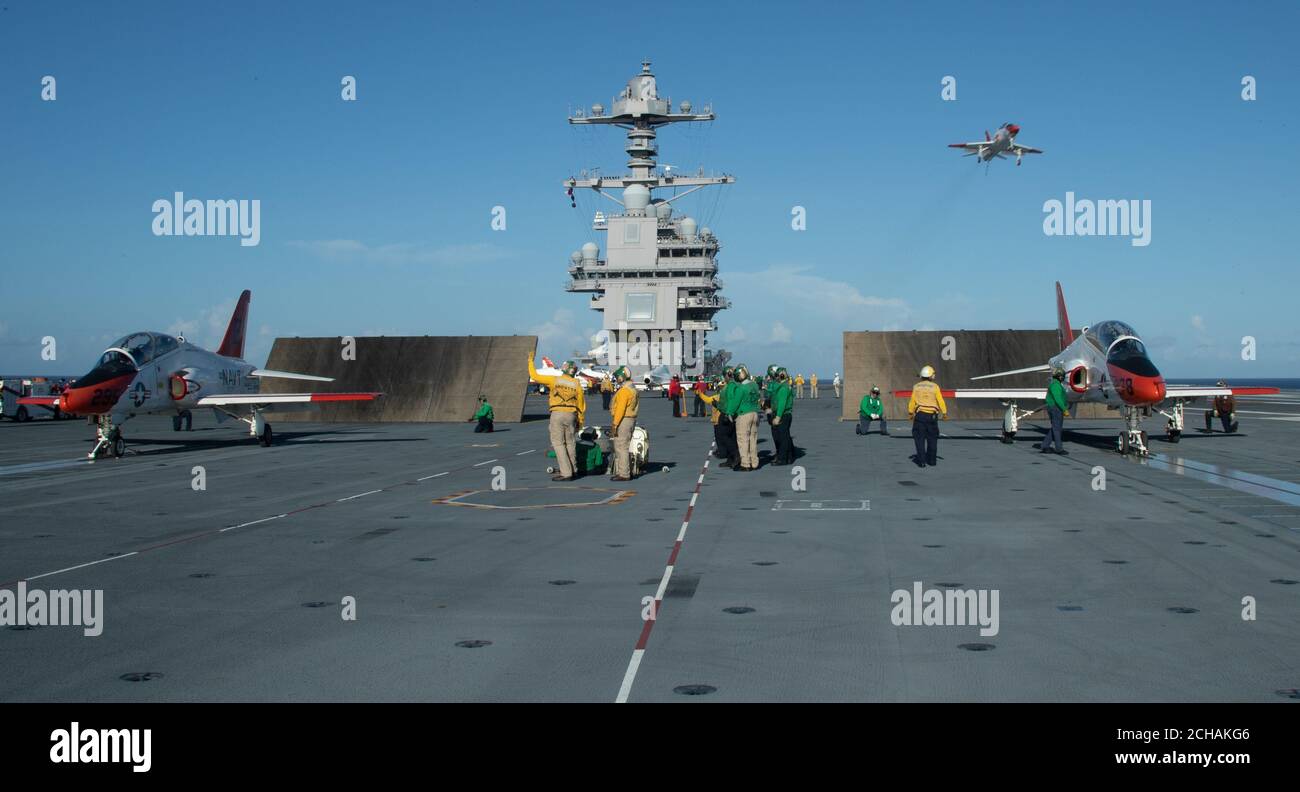 Two T-45C Goshawks, attached to Training Air Wing 2, prepare to launch from USS Gerald R. Ford's (CVN 78) flight deck Sept. 11, 2020. Ford is underway in the Atlantic Ocean conducting carrier qualifications. (U.S. Navy photo by Mass Communication Specialist Seaman Apprentice Sarah Mead) Stock Photo