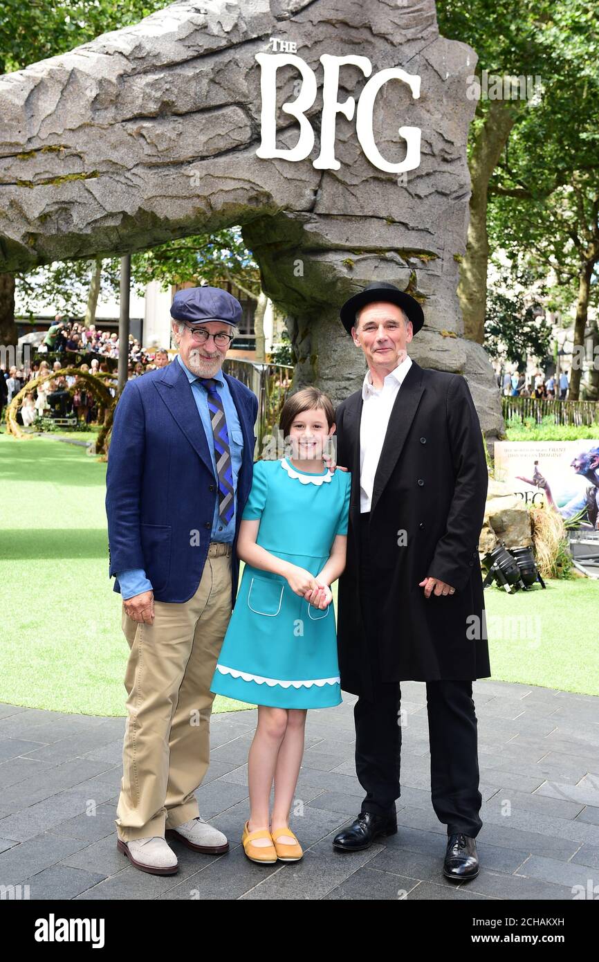 Steven Spielberg, Ruby Barnhill and Mark Rylance attending the UK Premiere of The BFG at Leicester Square, London. PRESS ASSOCIATION Photo. Picture date: Sunday 17th July, 2016. Photo credit should read: Ian West/PA Wire Stock Photo