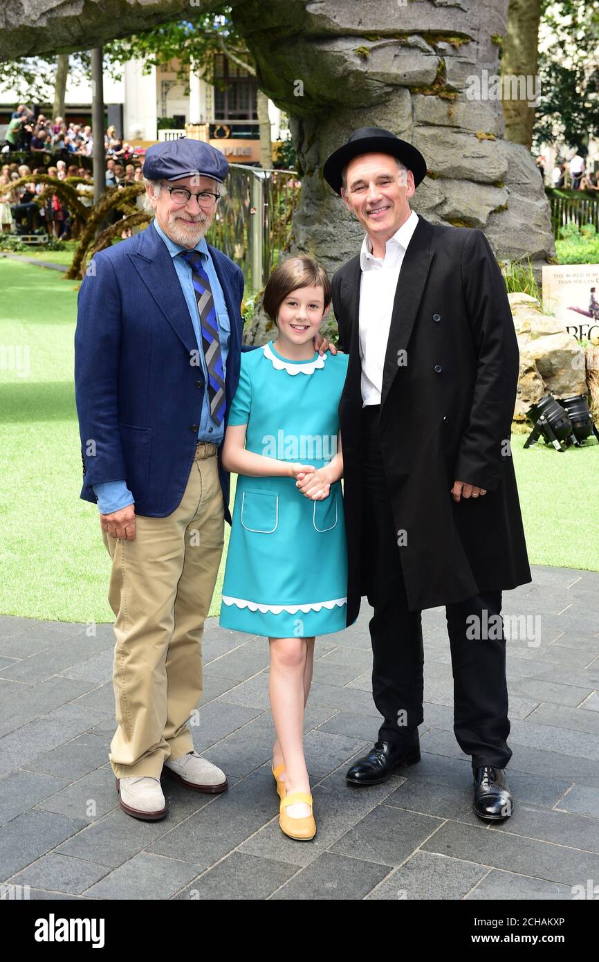 Steven Spielberg, Ruby Barnhill and Mark Rylance attending the UK Premiere of The BFG at Leicester Square, London. PRESS ASSOCIATION Photo. Picture date: Sunday 17th July, 2016. Photo credit should read: Ian West/PA Wire Stock Photo