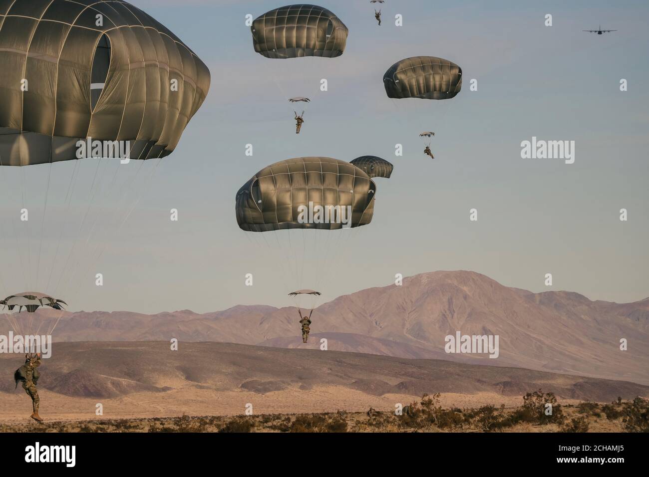 U.S. Army Reserve paratroopers from the 416th Civil Affairs Battalion (Airborne) conduct airborne operations at the National Training Center, Fort Irwin, Calif., Feb. 23, 2019. Soldiers who are assigned to airborne units must complete a parachute jump every three months to retain jump certification and proficiency. (U.S. Army Reserve photo by Master Sgt. Alec Appleton) Stock Photo