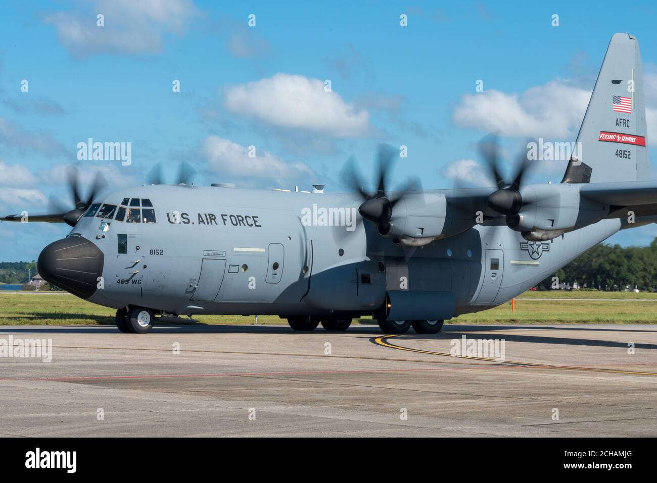The Air Force Reserve 403rd Wing began evacuating its aircraft due to the impending weather conditions Tropical Sally is forecasted to create Sept. 13, 2020. The 815th Airlift Squadron C-130J 'Flying Jennies' and the 53rd Weather Reconnaissance Squadron WC-130J 'Hurricane Hunters' relocated to Joint Base San Antonio and Ellington Airport, Texas. The 53rd WRS will continue to fly data collection missions to support the National Hurricane Center from Ellington. (U.S. Air Force photo by Senior Airman Kristen Pittman) Stock Photo