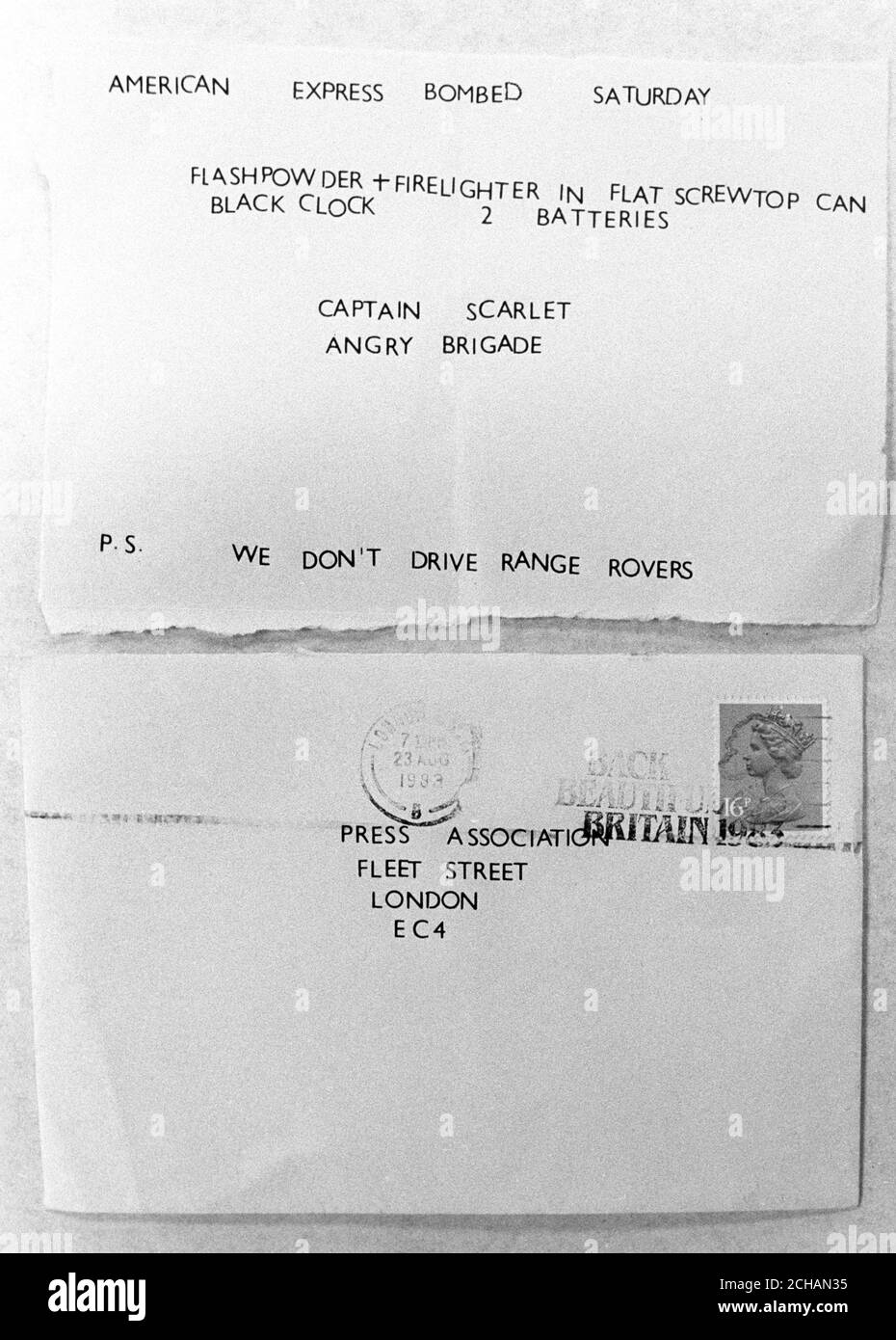 The Angry Brigade today claimed responsibility for the explosion on Saturday night at an office of the the American Express group in London. On this letter, received at the Fleet Street office of the Press Association, a member of the Brigade - signing himself as 'Captain Scarlet' - indicated his organisation had planned the blast. Stock Photo