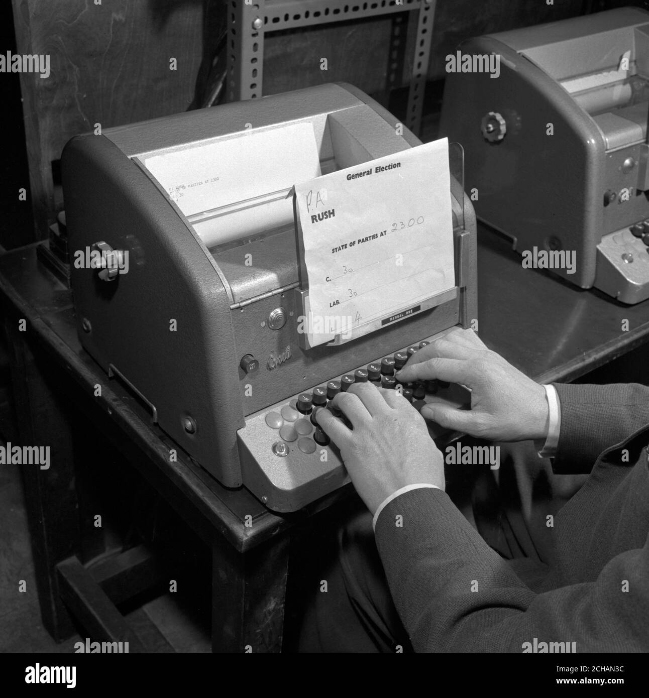 Nimble fingers type out General Election results to newspaper, radio and television news rooms within seconds of being received in the Press Association headquarters in Fleet Street from reporters and correspondents across the UK. Stock Photo