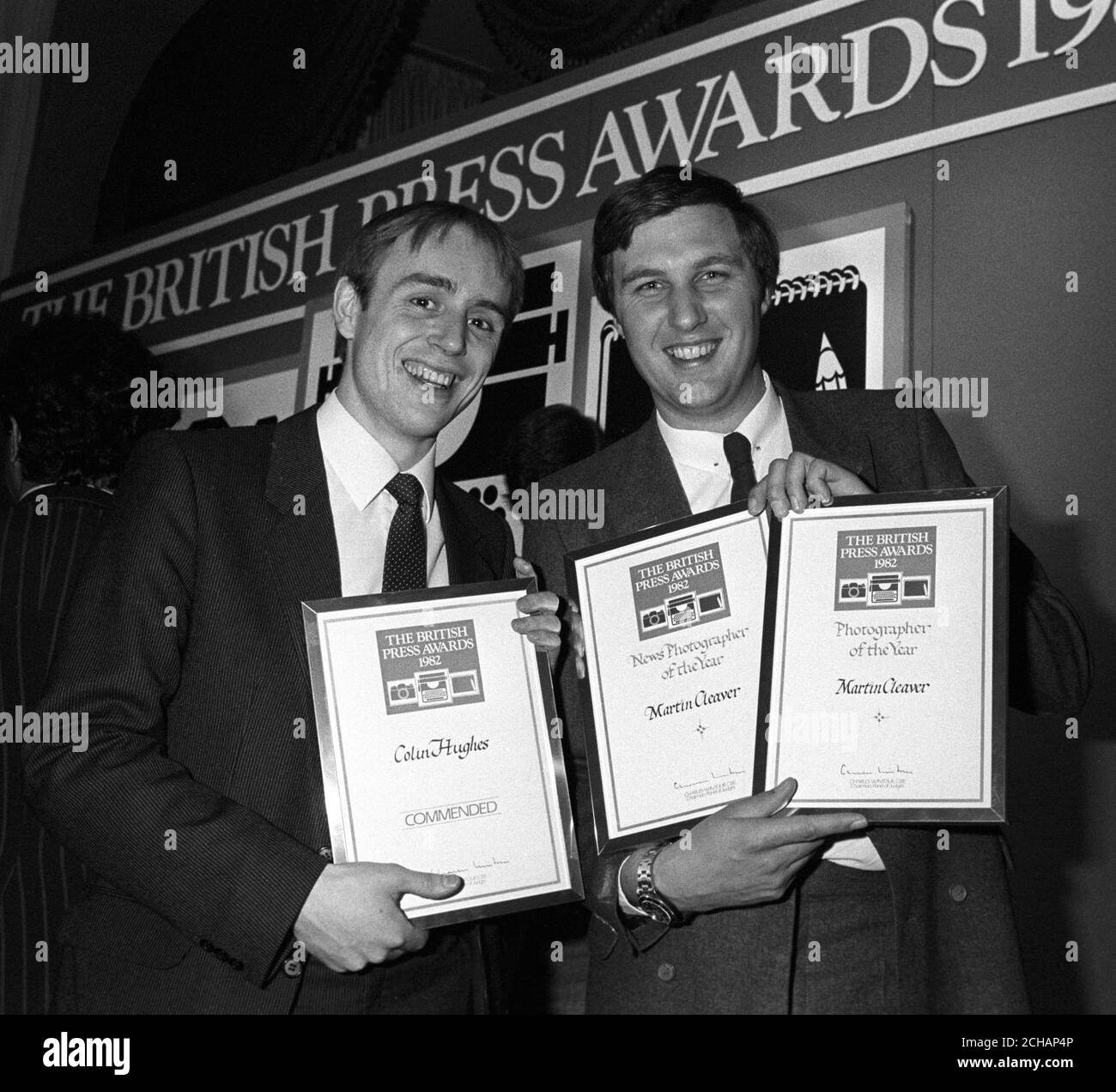Press Association photographer Martin Cleaver (r) with his British Press Awards as Photographer and News Photographer of 1982, and Colin Hughes, who was commended in the Young Journalist of the Year category. Mr Cleaver received his awards, presented at the Savoy Hotel, London, for his coverage of the Falklands War. Mr Hughes, lately of the Sheffield Star, has just recently joined the Press Association. Stock Photo