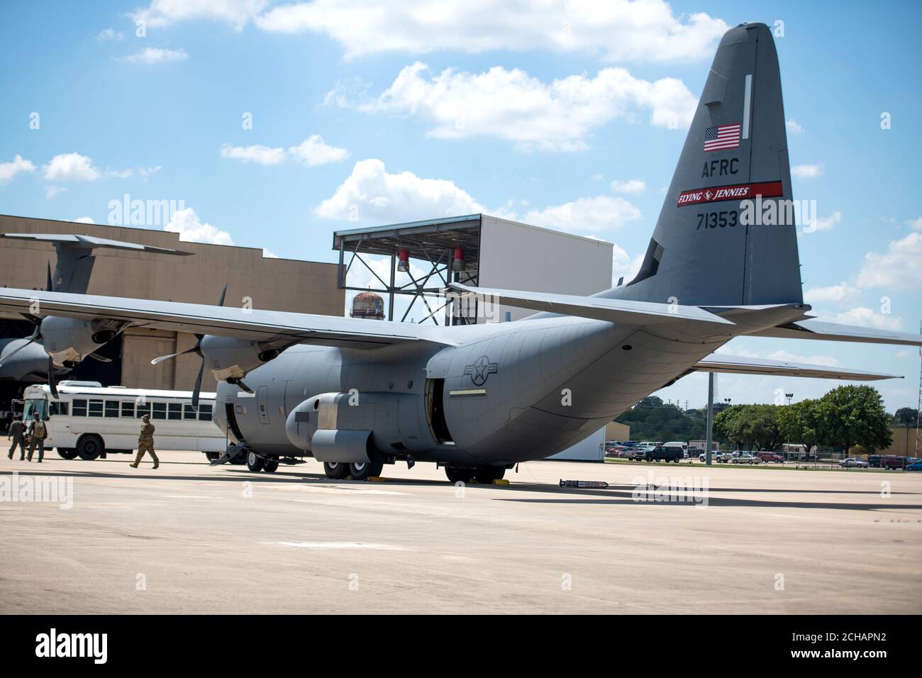 U.S. Air Force C-130Js from the 403rd Wing, Keesler Air Force Base, Miss., arrive Sept. 13, 2020, at Kelly Airfield, Texas. The C-130Js were moved in preparation for Tropical Storm Sally. The aircrafts are from the 53rd Weather Reconnaissance Squadron and the 815th Airlift Squadron. (U.S. Air Force photo by Sarayuth Pinthong) Stock Photo