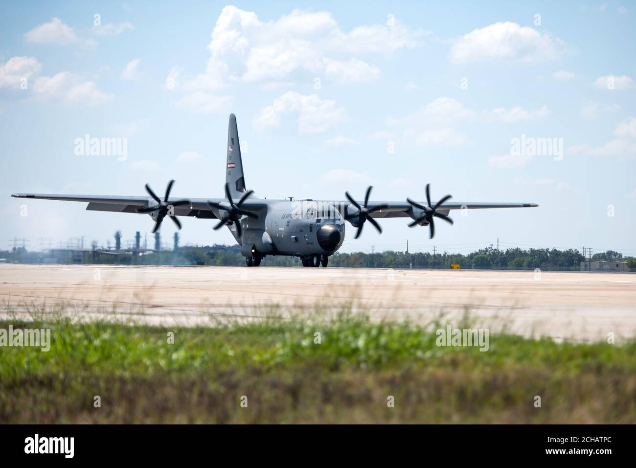 U.S. Air Force C-130Js from the 403rd Wing, Keesler Air Force Base, Miss., arrive Sept. 13, 2020, at Kelly Airfield, Texas. The C-130Js were moved in preparation for Tropical Storm Sally. The aircrafts are from the 53rd Weather Reconnaissance Squadron and the 815th Airlift Squadron. (U.S. Air Force photo by Sarayuth Pinthong) Stock Photo