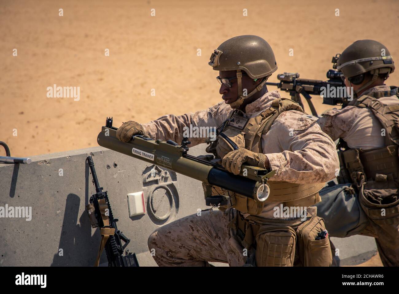 A U.S. Marine with 2nd Battalion, 5th Marine Regiment, assigned to Special Purpose Marine Air-Ground Task Force Crisis Response - Central Command 20.2, prepares to fire an M72A7 Light Anti-Tank Weapon (LAW) System during an anti-armor range in Kuwait, Sept. 3, 2020. The training focused on integrating anti-armor capabilities at the platoon level. The SPMAGTF-CR-CC is a crisis response force, prepared to deploy a variety of capabilities across the region. (U.S. Marine Corps photo by Lance Cpl. Andrew Skiver) Stock Photo