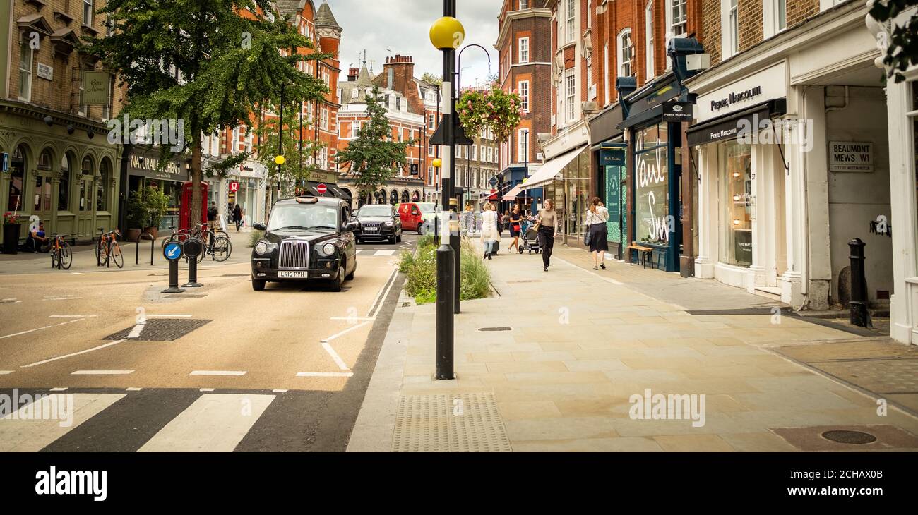 London- September 2020: Marylebone High Street / Marylebone Village. An attractive area of high end and independent shops in an upmarket area. Stock Photo