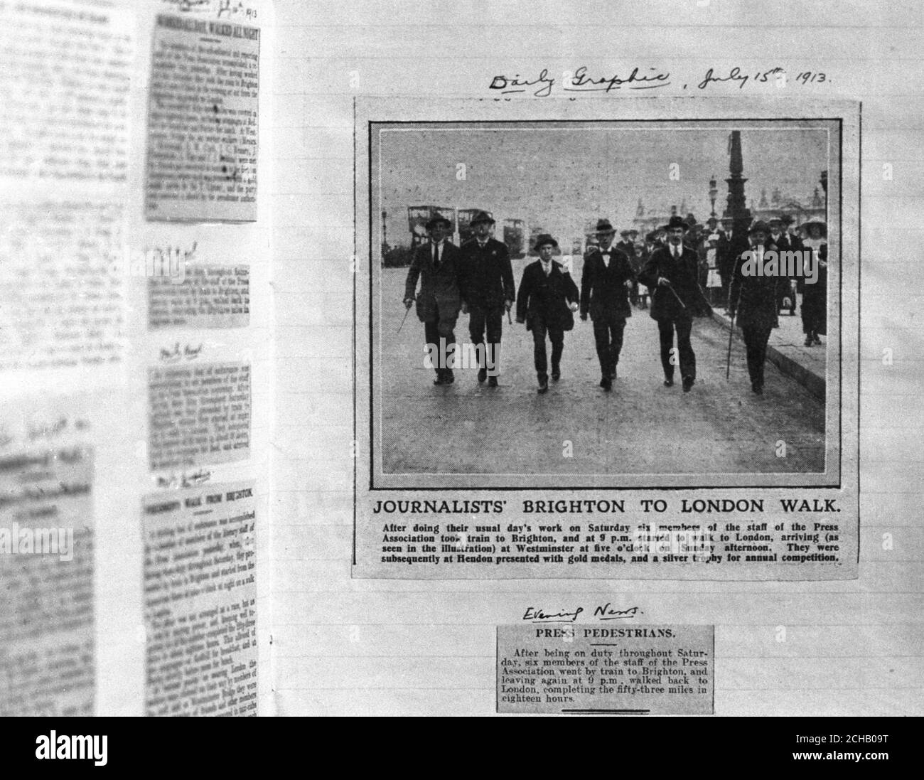 A picture of a press cutting from 15th July 1913, showing Press Association journalists completing a 53-mile walk from Brighton to London. After a day's work on Saturday, six members of staff took a train to Brighton, and at 9pm started to walk to London, arriving at Westminster at 5pm on Sunday. They were presented with gold medals and a silver trophy at Hendon. (l-r) Fred Pigrian, GW Clark, J Kavanagh, JC Mearsey, CF Robbins and JM Greenslade. Stock Photo