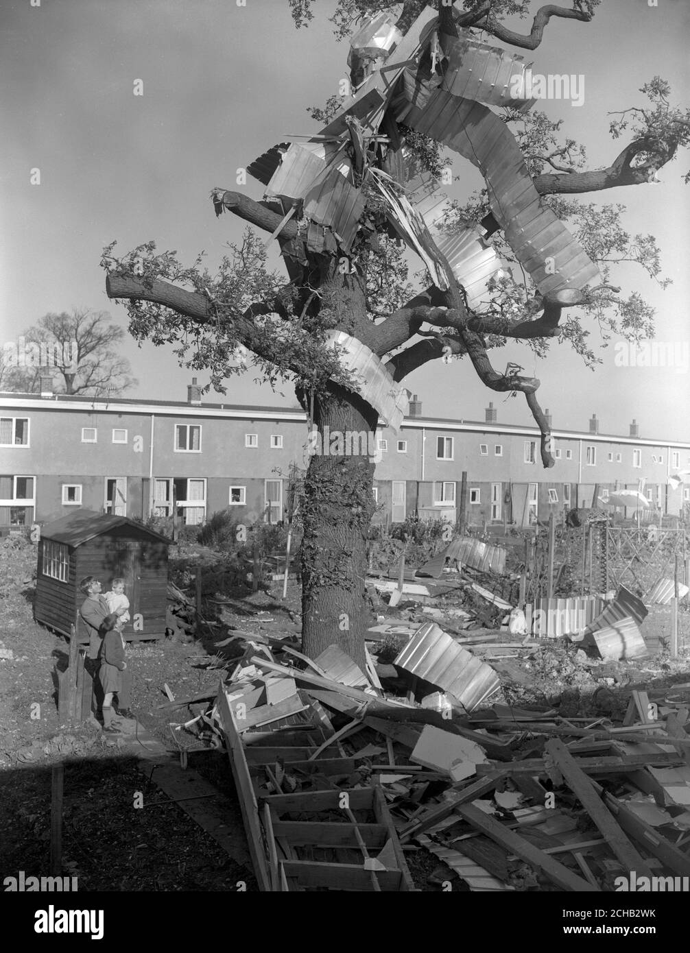 Mr Male, with his children, 18-month-old Myra and 8-year-old Brian, look at their aluminium roof, ripped off in last night's 93-mile-an-hour gale, wrapped in the branches of a tree in their garden. Roofs of nearly 50 homes were blown away at Hatfield New Town, Hertfordshire, in the gale. Stock Photo