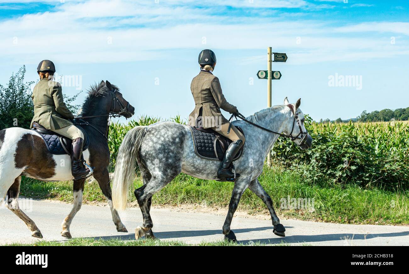 Horse riders on a public bridleway on a summer’s afternoon Stock Photo