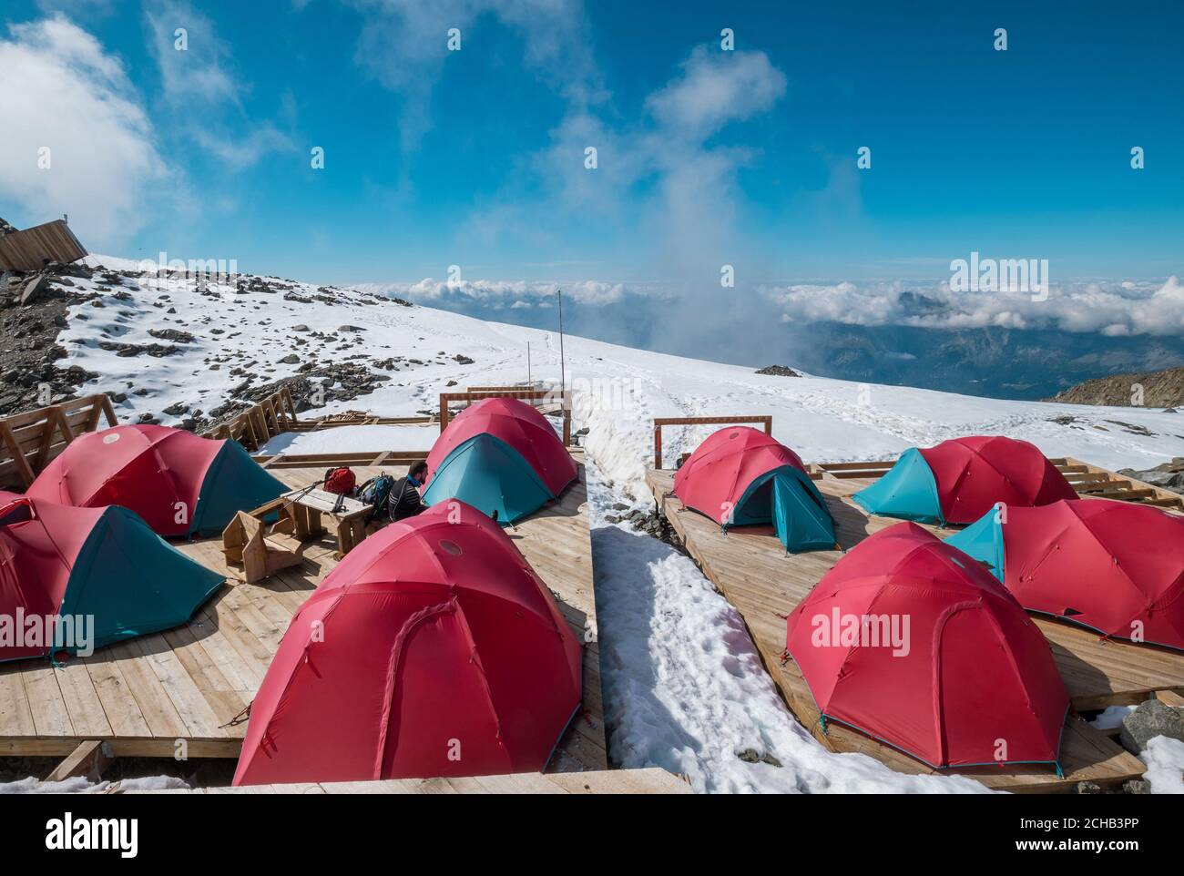Base camp tents on the classic Mont Blanc (Monte Blanco) route from France  side with a picturesque Apls landscape view. Active people traveling and cl  Stock Photo - Alamy