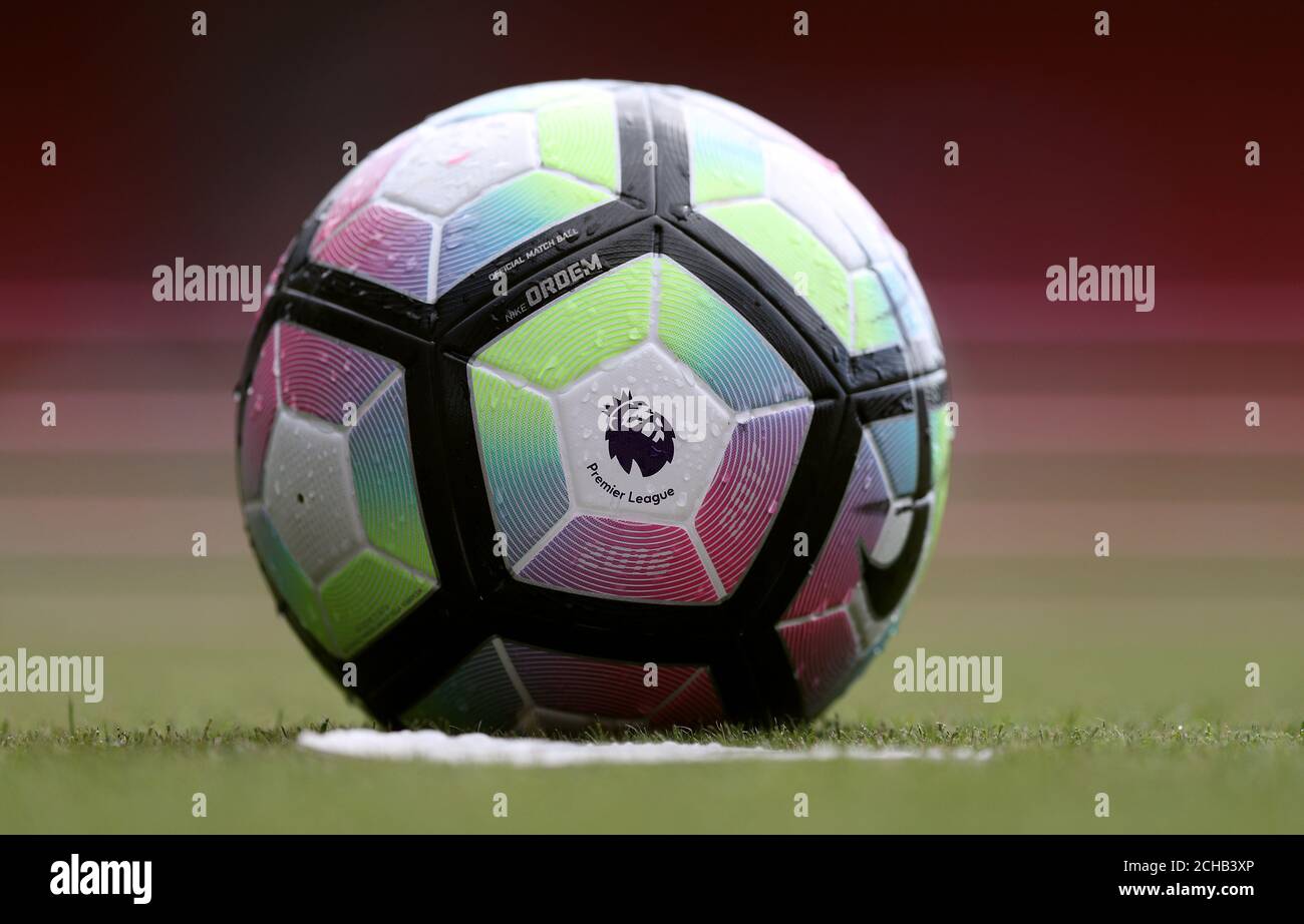 General view of an official Nike Ordem Match ball with the Premier league logo on it Stock Photo