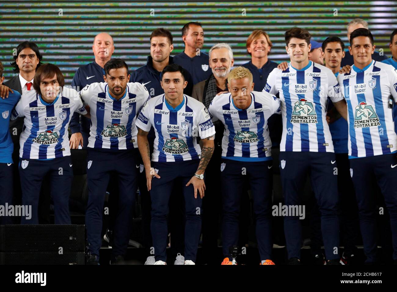 Football Soccer - Presentation of Pachuca's new player Japan's Keisuke Honda - Goalkeeper Academy Miguel Calero, Pachuca, Mexico - July 18, 2017. Keisuke Honda poses with other new players of Pachuca during his official presentation. REUTERS/Edgard Garrido Stock Photo