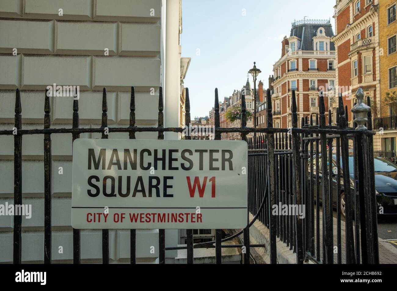 London- September, 2020: Manchester Square street sign in Marylebone,  City of Westminster Stock Photo