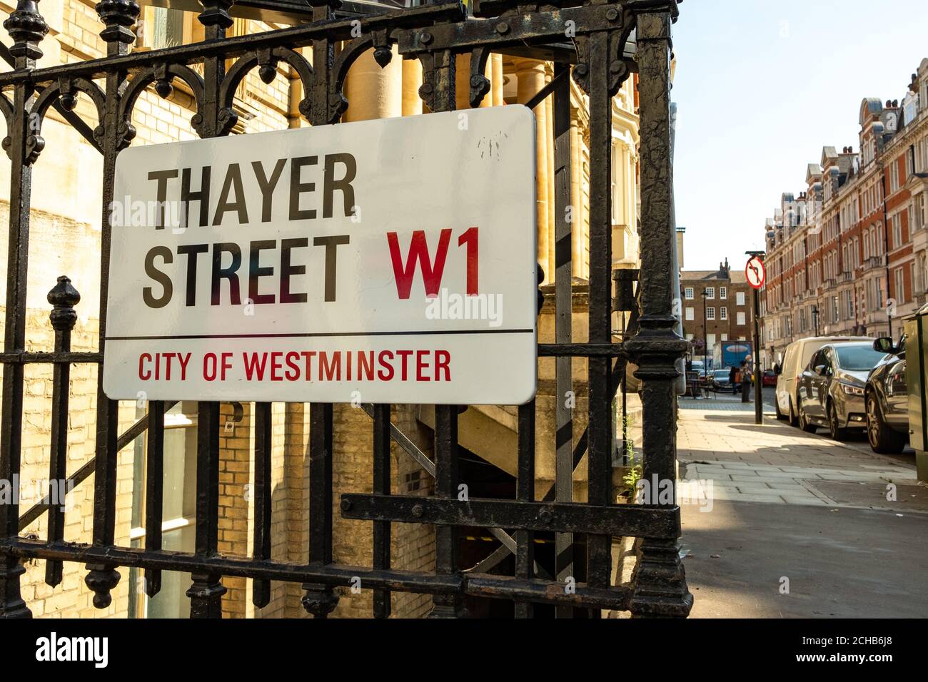 London- September, 2020: Thayer Street street sign, a high street of shops which is part of the Marylebone Village area of the West End Stock Photo