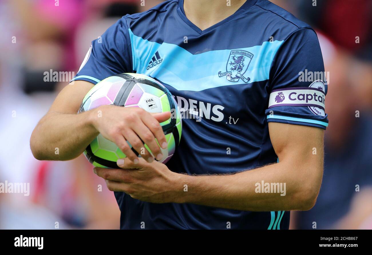 A general view of a 2017 Nike Ordem 4 Premier League Match football in the  arms of Middlesbrough's George Friend Stock Photo - Alamy
