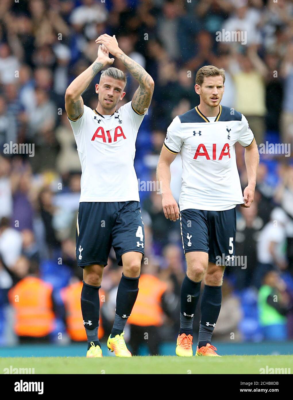 Tottenham Hotspur's Toby Alderweireld (left) and Tottenham Hotspur's Jan Vertonghen applauds the fans after the final whistle. Stock Photo