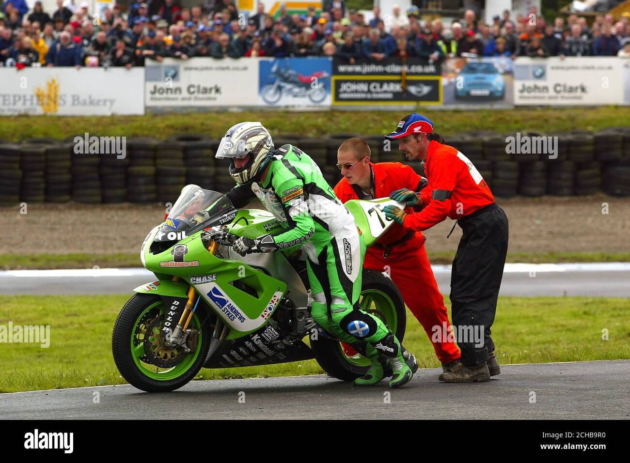 Kawasaki rider John McGuinness during the British Superbike Championship at Knockhill Race Circuit, Fife, Scotland. Stock Photo